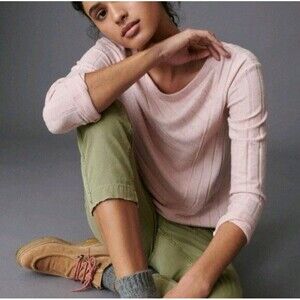 Anthropologie Maeve Tunic Sweater Women's Sz L 3/4 Sleeve Blush Pink Cozy Soft